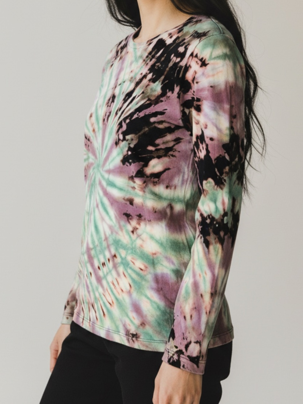 Handmade Tie-Dye Spiral Earthy Black Green Long Sleeve Shirt Boho Grunge Size M - Picture 2 of 10